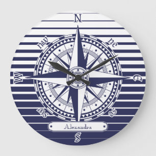 Kompass-Rosen-blaue Streifen Große Wanduhr