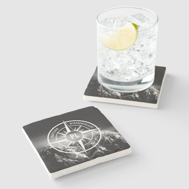 Kompass-Sternemblem monogramm dramatische Berge Steinuntersetzer (Seitenansicht)