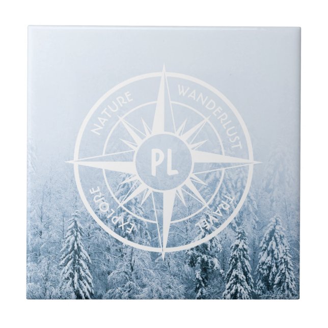 Kompass-Sternemblem monogramm Winterfichtenwald Fliese (Vorderseite)