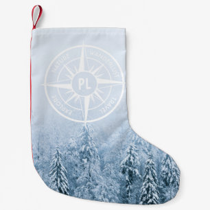 Kompass-Sternemblem monogramm Winterfichtenwald Kleiner Weihnachtsstrumpf