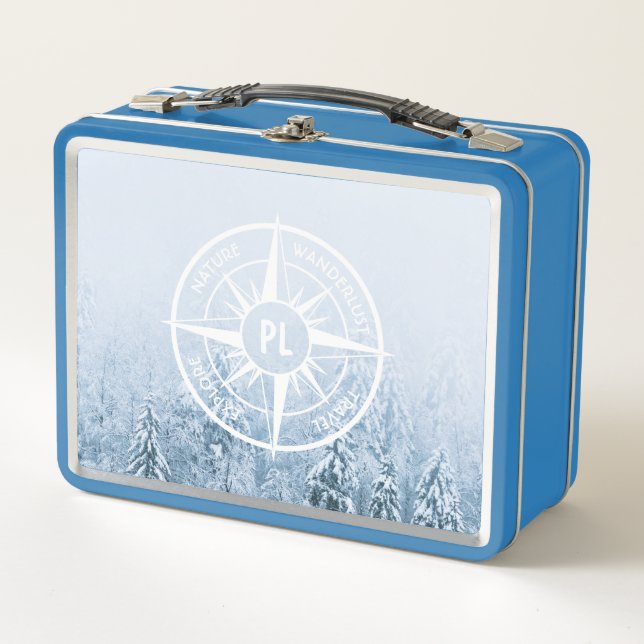 Kompass-Sternemblem monogramm Winterfichtenwald Metall Brotdose (Vorderseite)