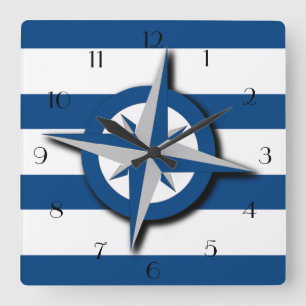 Kompass und breites Streifenmuster nautisch inspir Quadratische Wanduhr