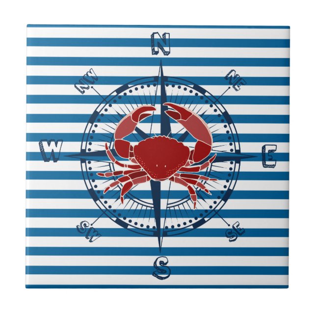 Kompass und Krabben Blau und Weiße Streifen Tile Fliese (Vorderseite)