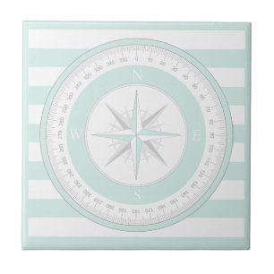 Kompassrose Mint Blau und Weiße Streifen Fliese