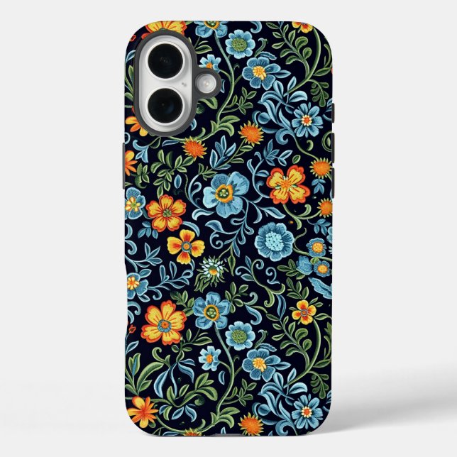 Komplexe Blumenkunst: Blaue und orangefarbene Blum iPhone 16 Plus Hülle (Rückseite)