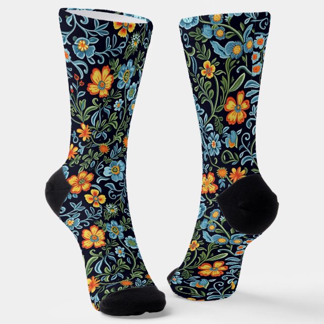 Komplexe Blumenkunst: Blaue und orangefarbene Blum Socken (Gewinkelt)