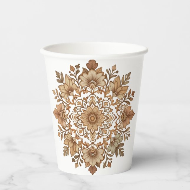 Komplexe Mandala-Blumen-Brauntöne-Kunst Pappbecher (Vorderseite)