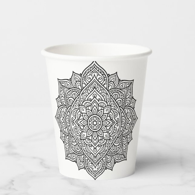Komplexe schwarze Linien-Mandala-Kunst Pappbecher (Vorderseite)