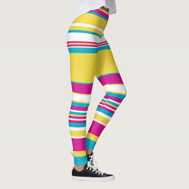 Komplexe Streifen - Türkis, Gelb, Rosa und Weiß Leggings (Rechts)