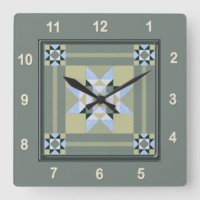 Komplexer Star Patch Quilt Block in Grüntönen Quadratische Wanduhr (Vorderseite)