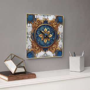 Komplexes Blumendesign in Blau und Gold Quadratische Wanduhr