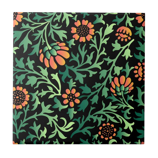 Komplexes Blumenmuster mit grünen Blättern Fliese (Vorderseite)