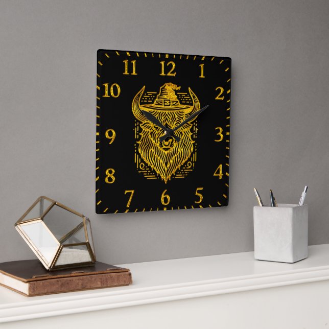 Komplexes Design eines Bison mit einem Hut Quadratische Wanduhr (Büro)
