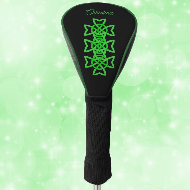 Komplexes grünes keltisches irisches Knotendesign  Golf Headcover (Intricate bright green Irish Celtic looped deesign on black golf club cover.)
