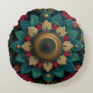 Komplexes texturiertes florales Mandala in Türkis  Rundes Kissen