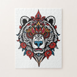 Komplexes Tribal-Bären-Puzzle mit Blumendesign