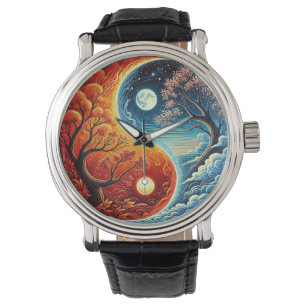 Komplexes Yin-Yang-Symbol mit Feuer und Wasser Armbanduhr