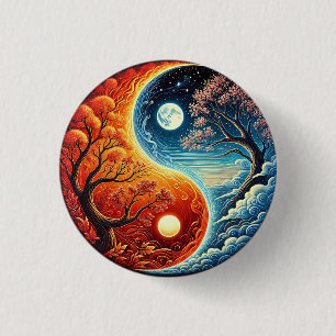 Komplexes Yin-Yang-Symbol mit Feuer und Wasser Button