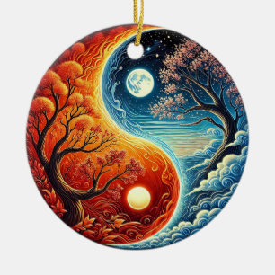 Komplexes Yin-Yang-Symbol mit Feuer und Wasser Keramik Ornament