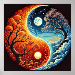 Komplexes Yin-Yang-Symbol mit Feuer und Wasser Poster