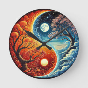 Komplexes Yin-Yang-Symbol mit Feuer und Wasser Runde Wanduhr