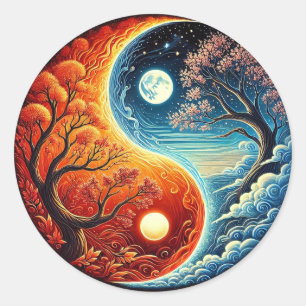 Komplexes Yin-Yang-Symbol mit Feuer und Wasser Runder Aufkleber