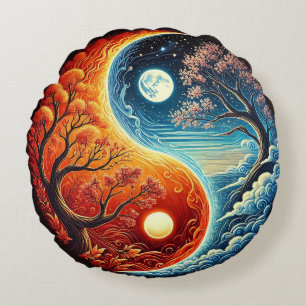 Komplexes Yin-Yang-Symbol mit Feuer und Wasser Rundes Kissen