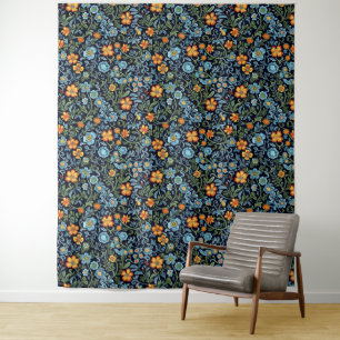 Komplizierte Blumenkunst: Blaue und orangefarbene Wandteppich