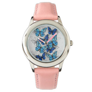 Komposition von weißen und blauen Schmetterlingen Armbanduhr