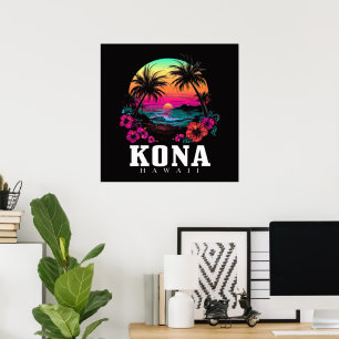 Kona Hawaii hawaiianische Hibiskusblumen Surfer Poster