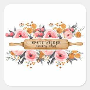 Konditorei Koch Baker Rolling Button floral Quadratischer Aufkleber