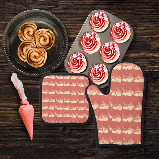 Konditorei, Zimtgebüsen und Kuchen rosa Ofenhandschuh & Topflappen-Set (Von Creator hochgeladen)