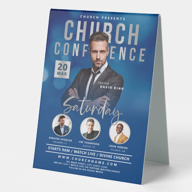 Konferenz-Service-Event in Blue Bokeh Tischaufsteller (Vorderseite)