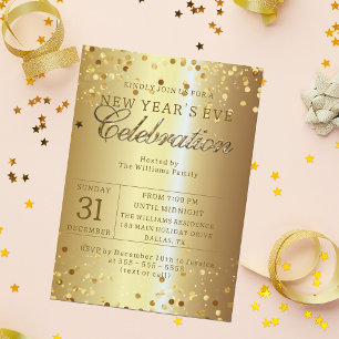 Konfetti auf goldenem metallischem Silvesterparty Einladung