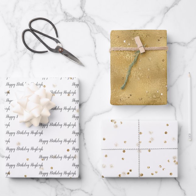 Konfetti aus Gold Glitzer Personalisiert Geschenkpapier Set (Vorderseite)