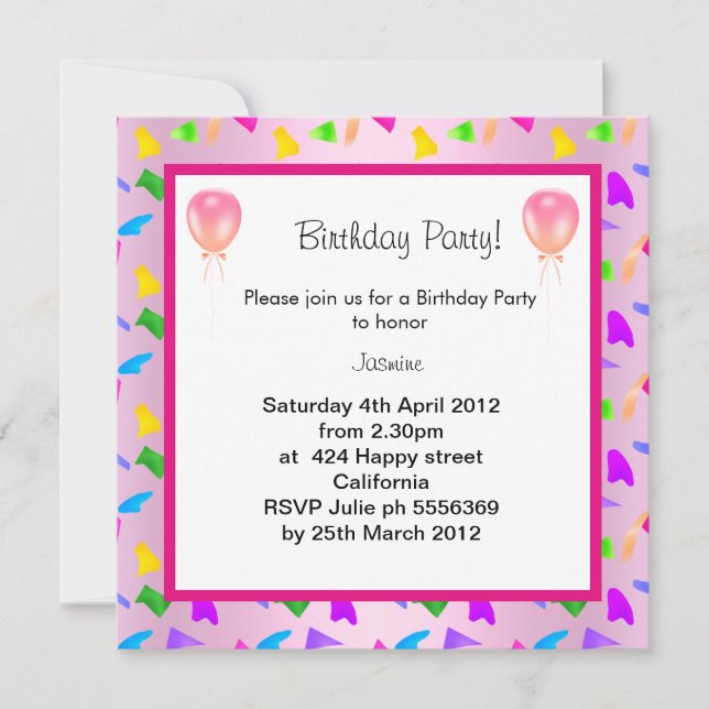 Konfetti Ballon BIRTHDAY PARTEI EINLADUNG Rosa (Vorderseite)