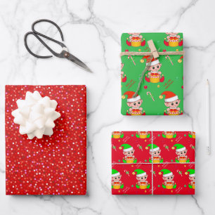 Konfetti, Weihnachtself, Zuckerstange auf Grün und Geschenkpapier Set