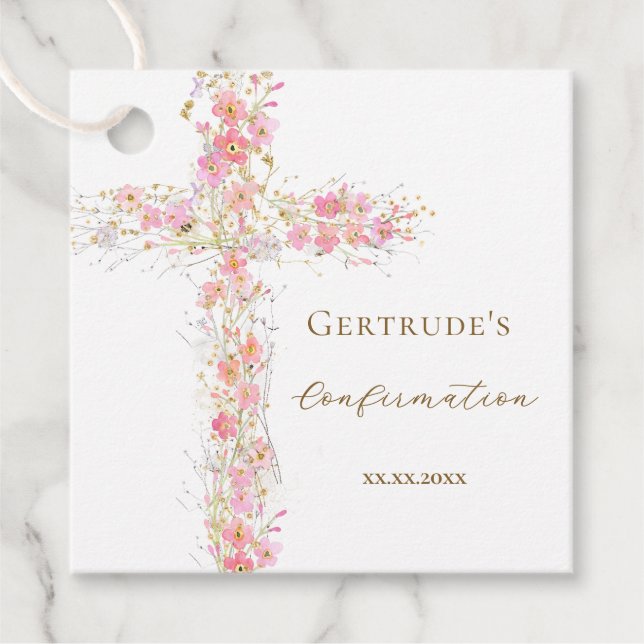 Konfirmation rosa Blumen Kreuz Geschenkanhänger (Vorderseite)
