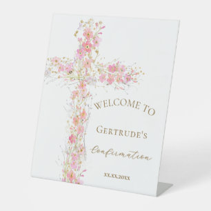 Konfirmation rosa Blumen Kreuz Willkommensschild Sockelschild