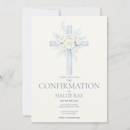 Konfirmations-Einladung, moderne blaue Blumenkreuz Einladung