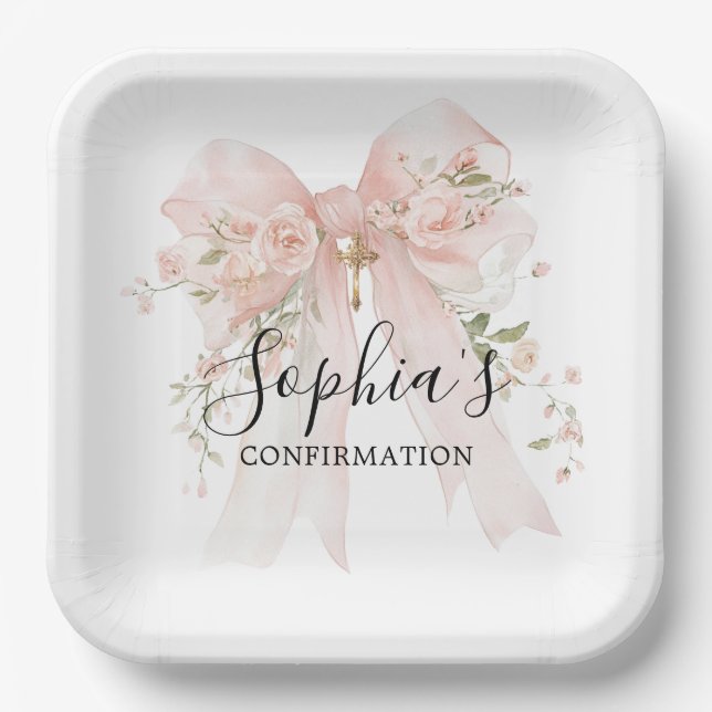 Konfirmations Mädchen Rosa Schleife Rosen Pappteller (Vorderseite)