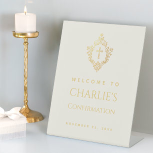 Konfirmations Willkommens Ivory Faux Gold Kreuz & Sockelschild