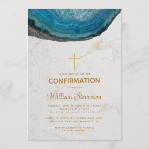 Konfirmationsblau Geode Marmor Gold Kreuz Junge Einladung