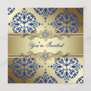 Königblaue und goldene Damast Party Einladungen