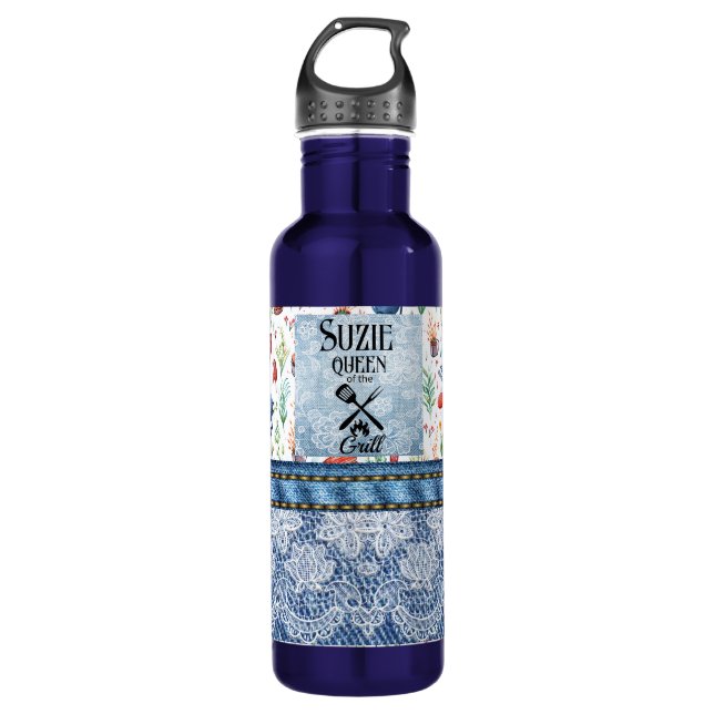 Königin der Grillfrauen, farbenfroher Denim, Spitz Edelstahlflasche (Vorderseite)