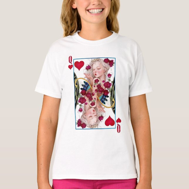 Königin des Herzens, überspannte Grafik, Spielkart T-Shirt (Vorderseite)