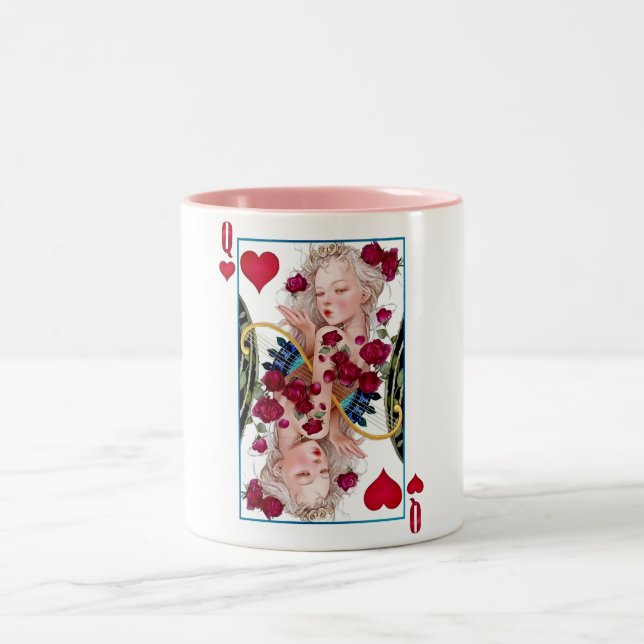Königin des Herzens, überspannte Grafik, Spielkart Zweifarbige Tasse (Mittel)