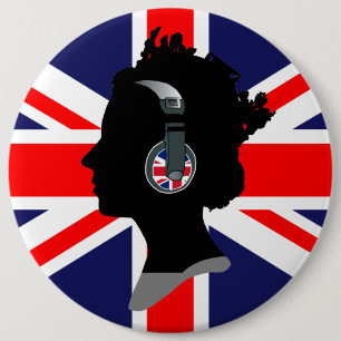 KÖNIGIN MIT KOPFHÖRER (BRITISCHE FLAGGE) Knopf Button