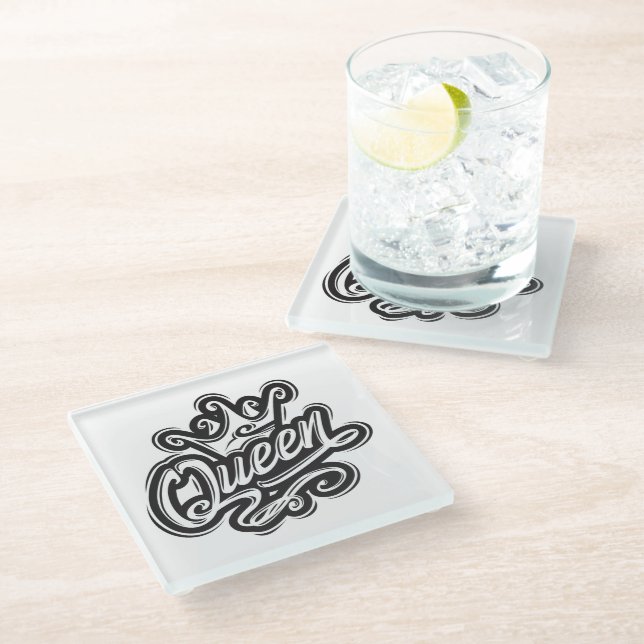 Königin mit Krone, Typografie-Design Glasuntersetzer (Schrägansicht)