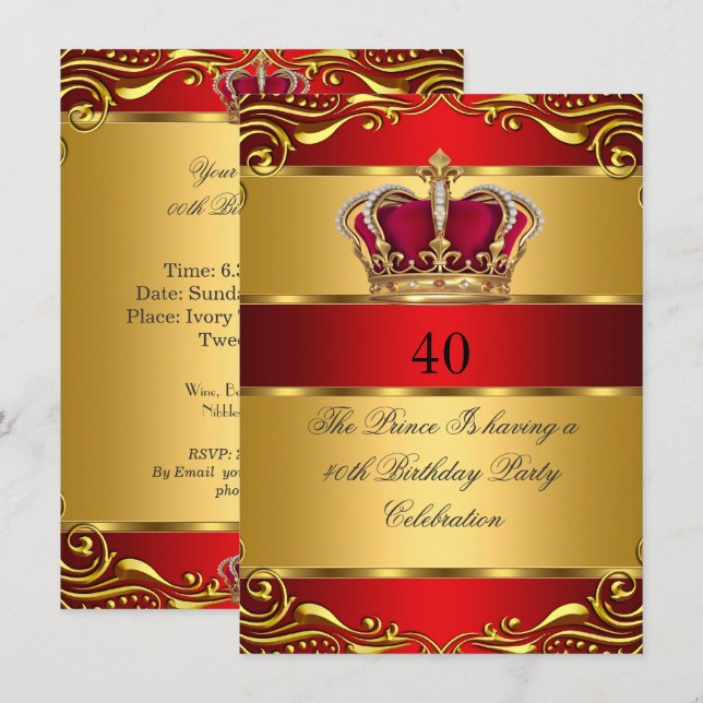 Königin Prince King Regal Red Gold Crown Geburtsta Einladung (Vorne/Hinten)